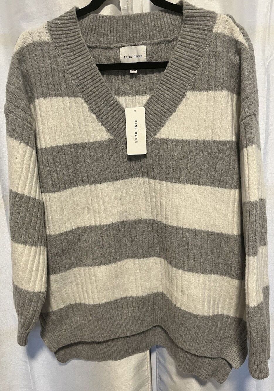 Pink Rose Women’s Sweater Large Gray & White Stripes V-neck Pullover Ribbed NWT